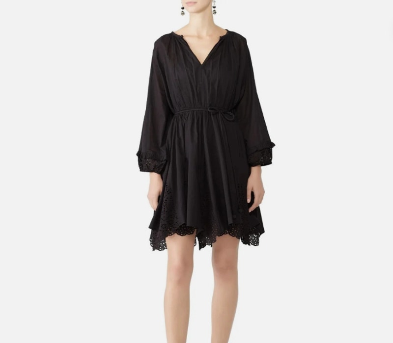 Apiece Apart Black Vereda Long Sleeve Eyelet Gathered Waist Mini Dress Size 2